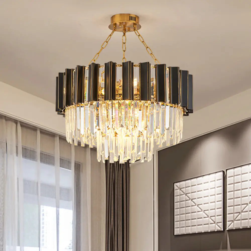 Modern 3-Tiered Crystal Prism Pendant Chandelier - 9-Light Black & Gold | Bedroom Accent Black-Gold