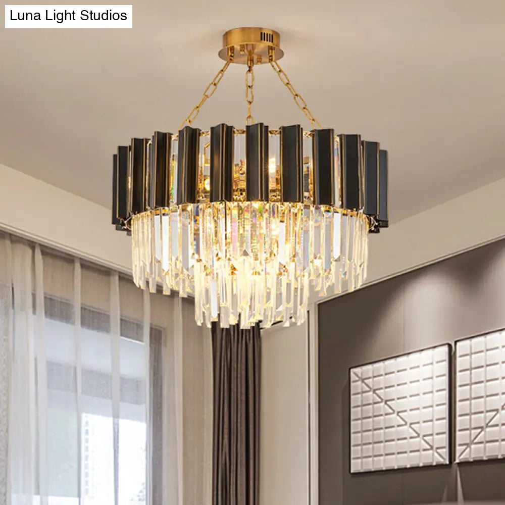 Modern Crystal Prism Chandelier: 3 Tiers 9-Light Black & Gold Pendant For Bedrooms Black-Gold