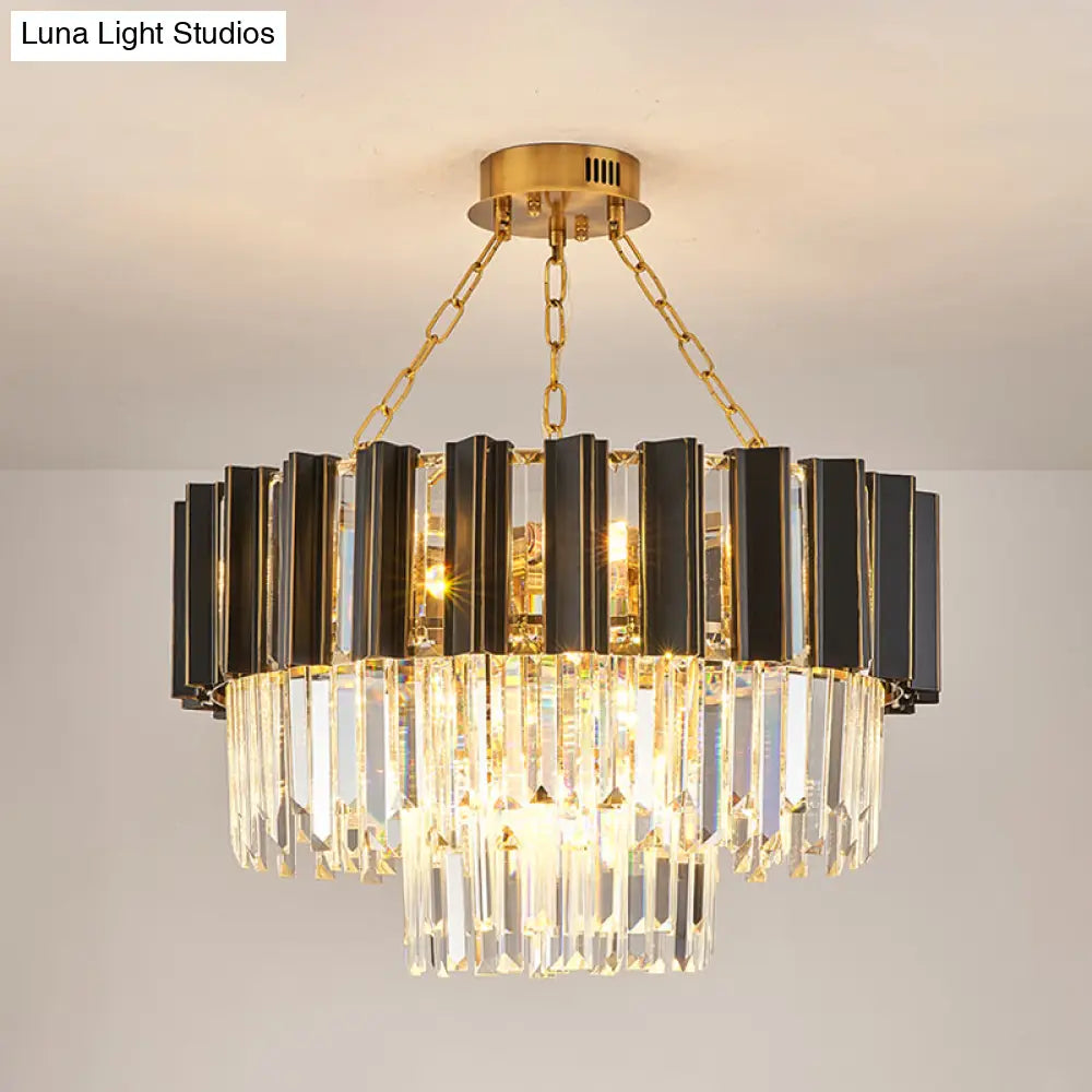 Modern 3-Tiered Crystal Prism Pendant Chandelier - 9-Light Black & Gold | Bedroom Accent