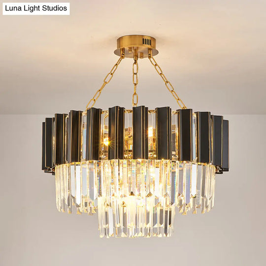 Modern 3-Tiered Crystal Prism Pendant Chandelier - 9-Light Black & Gold | Bedroom Accent