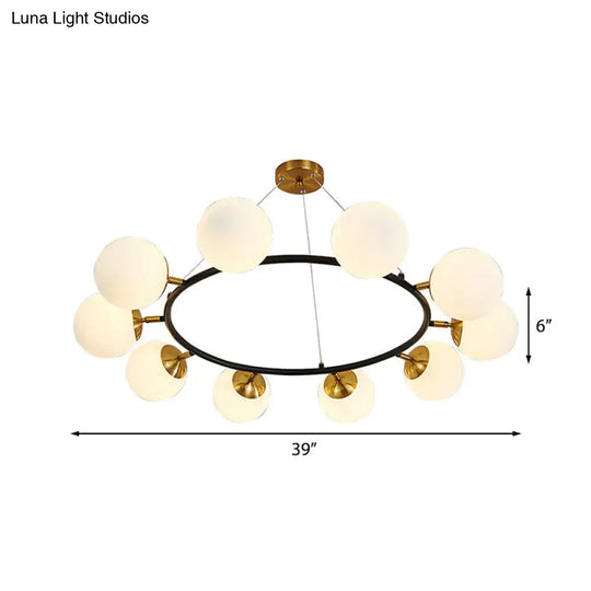 Modern 10-Light Milk White Glass Chandelier With 39 Wide Sphere - Black Ceiling Pendant