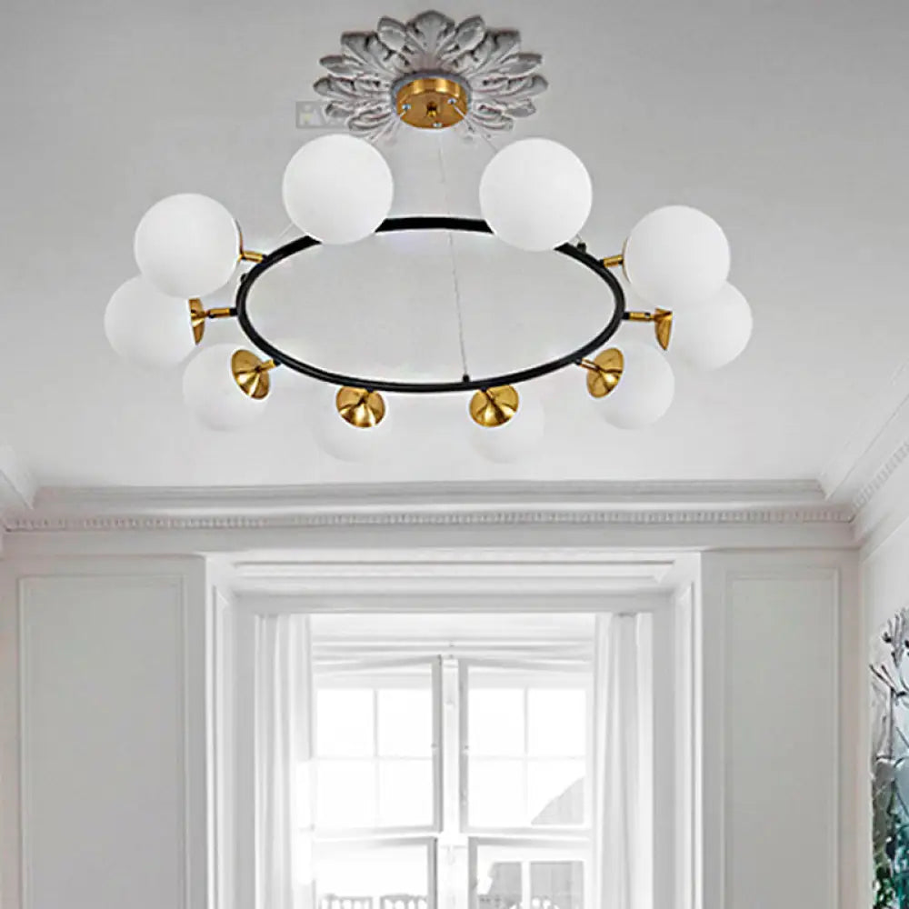 Modern 39’ Wide Milk White Glass Chandelier With 10 Lights- Black Ceili