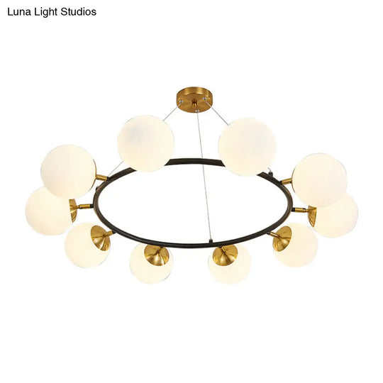 Modern 10-Light Milk White Glass Chandelier With 39 Wide Sphere - Black Ceiling Pendant