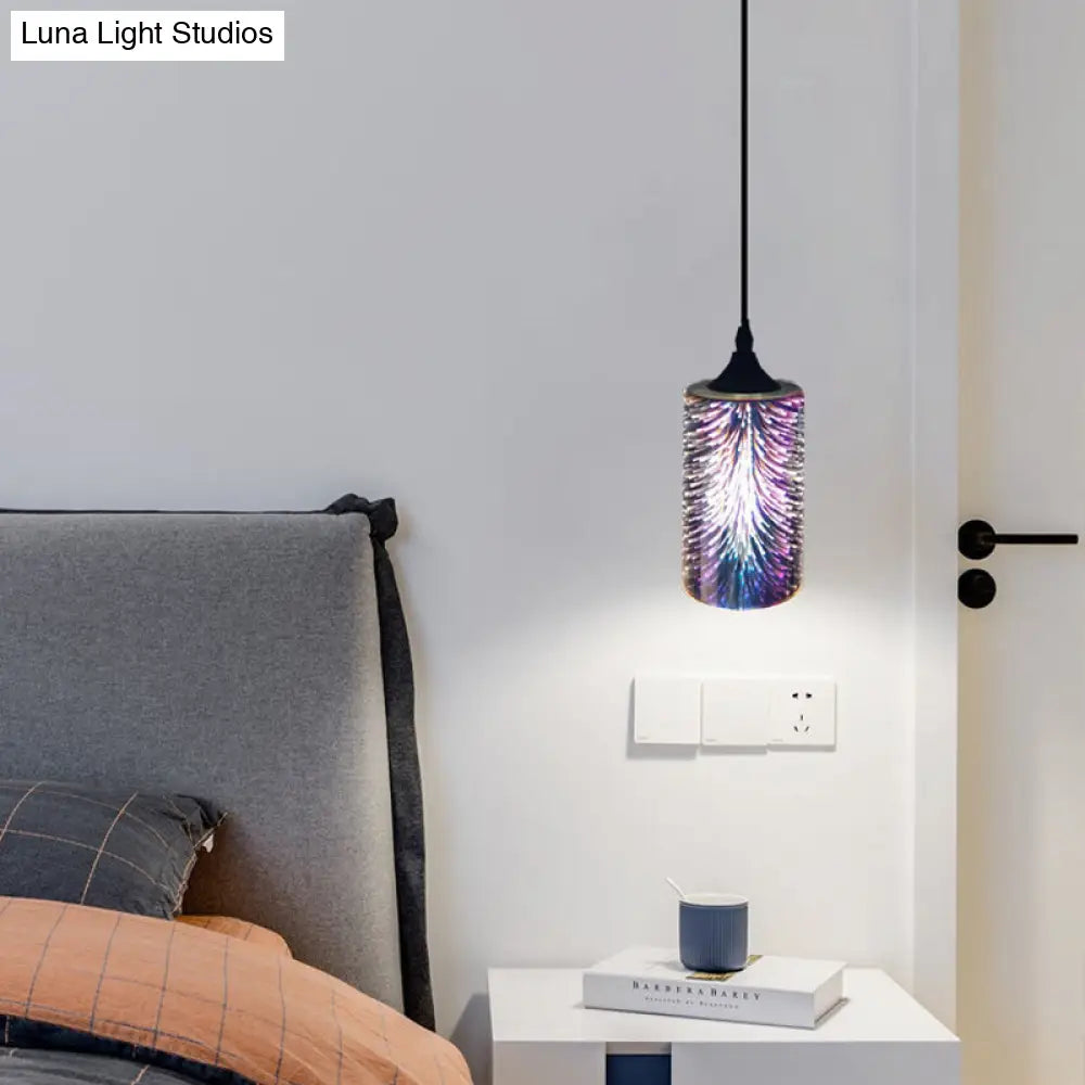 Modern 3D Colorful Glass Pendant Light With Black Cylinder Design - 1 Head Hanging Lamp Kit