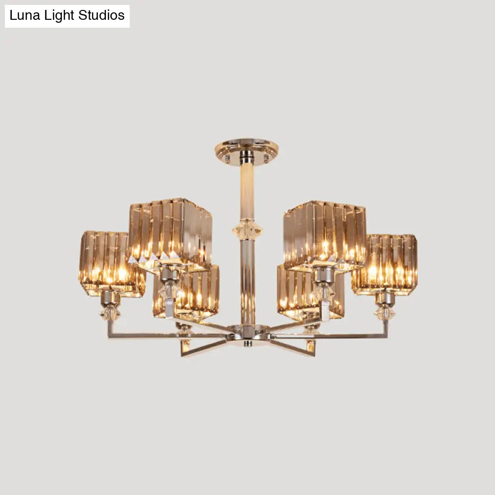 Modern 4/6 - Head Semi Flush Mount Chandelier In Chrome With Crystal Cuboid Shade For Bedroom