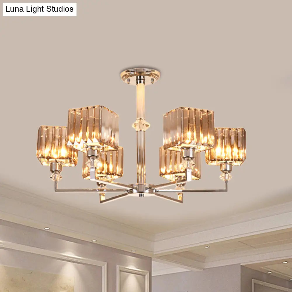 Modern 4/6-Head Semi Flush Mount Chandelier In Chrome With Crystal Cuboid Shade For Bedroom Ceiling