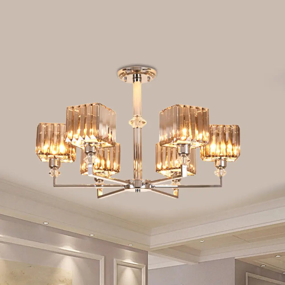 Modern 4/6 - Head Semi Flush Mount Chandelier In Chrome With Crystal Cuboid Shade For Bedroom