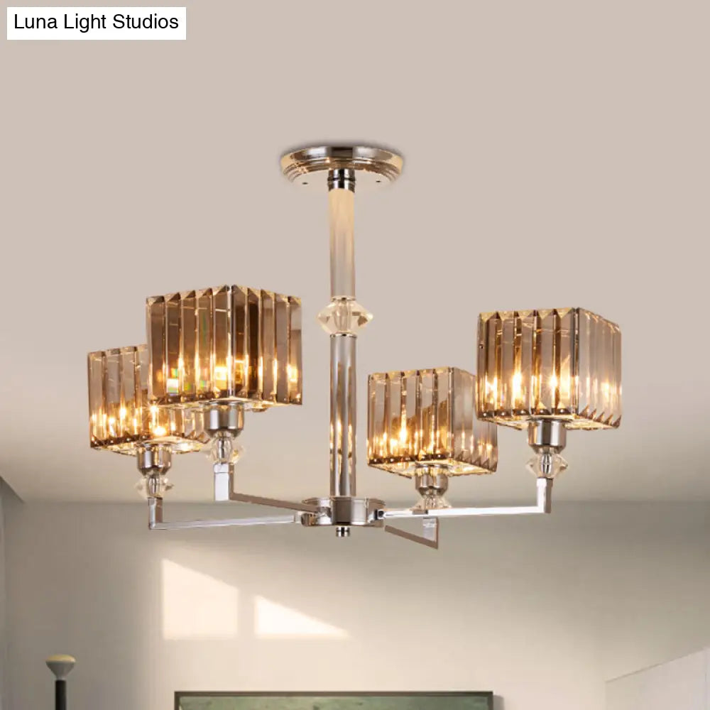 Modern 4/6 - Head Semi Flush Mount Chandelier In Chrome With Crystal Cuboid Shade For Bedroom