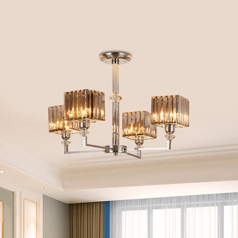 Modern 4/6 - Head Semi Flush Mount Chandelier In Chrome With Crystal Cuboid Shade For Bedroom