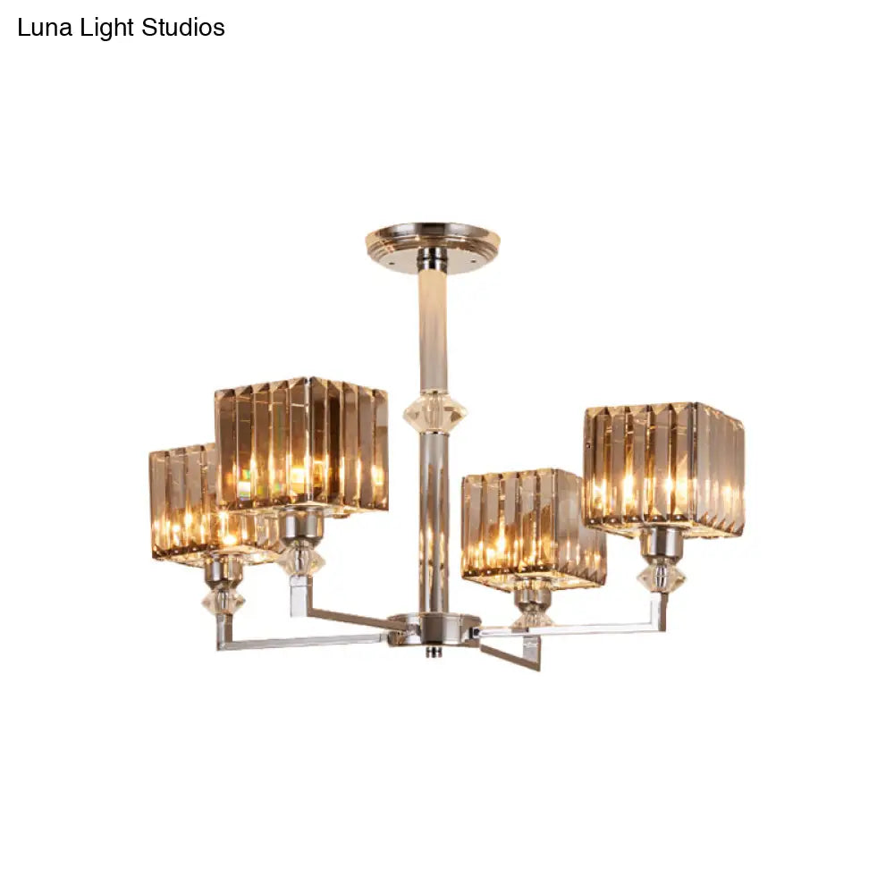 Modern 4/6 - Head Semi Flush Mount Chandelier In Chrome With Crystal Cuboid Shade For Bedroom