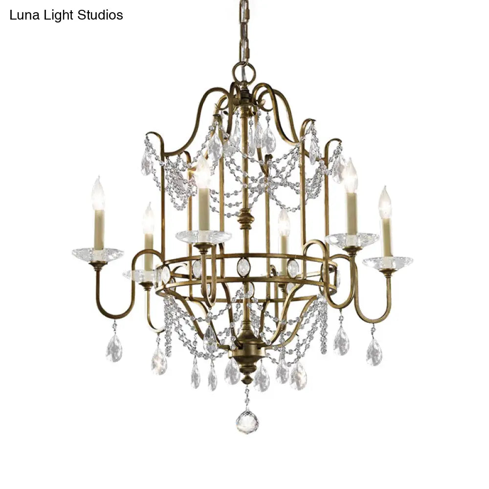 Modern 4/6-Heads Brass Pendant Light Fixture With Crystal Bead - Elegant Metallic Candle Chandelier