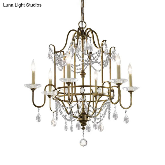 Modern 4/6-Heads Brass Pendant Light Fixture With Crystal Bead - Elegant Metallic Candle Chandelier