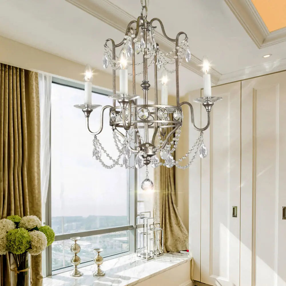 Modern 4/6-Heads Brass Pendant Light Fixture With Crystal Bead - Elegant Metallic Candle Chandelier