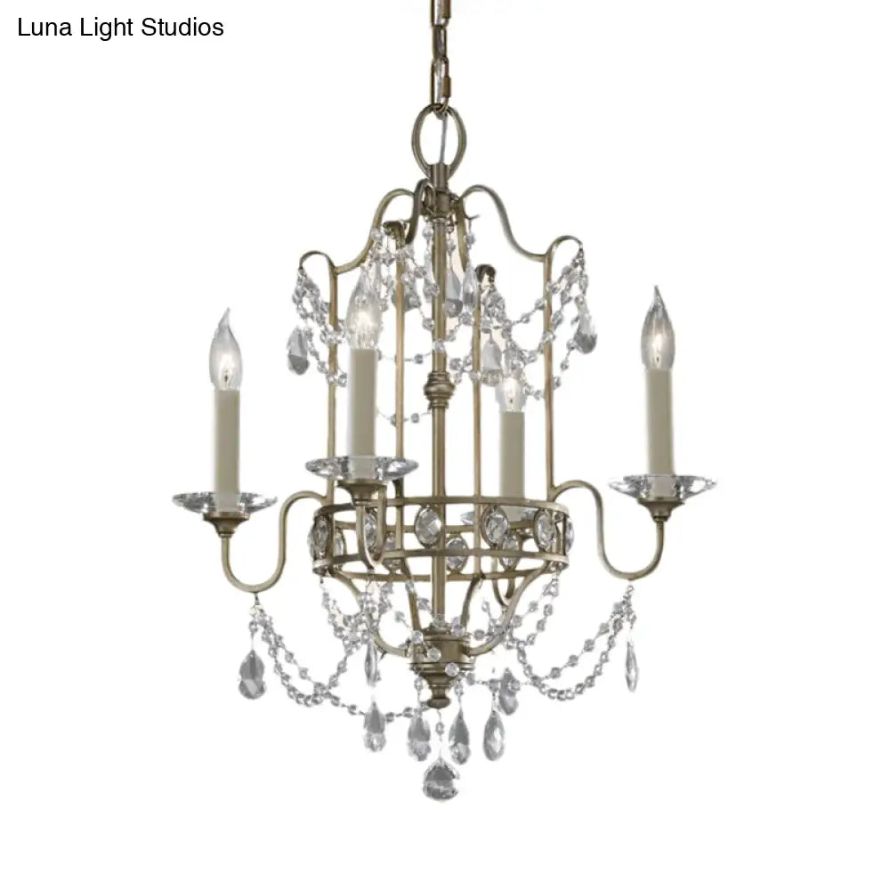 Modern 4/6-Heads Brass Pendant Light Fixture With Crystal Bead - Elegant Metallic Candle Chandelier