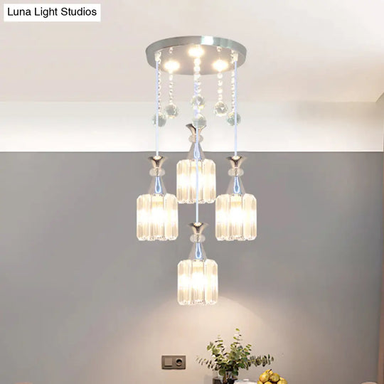 Modern Silver Finish Cylinder Pendant Light With 4 Crystal Block Heads