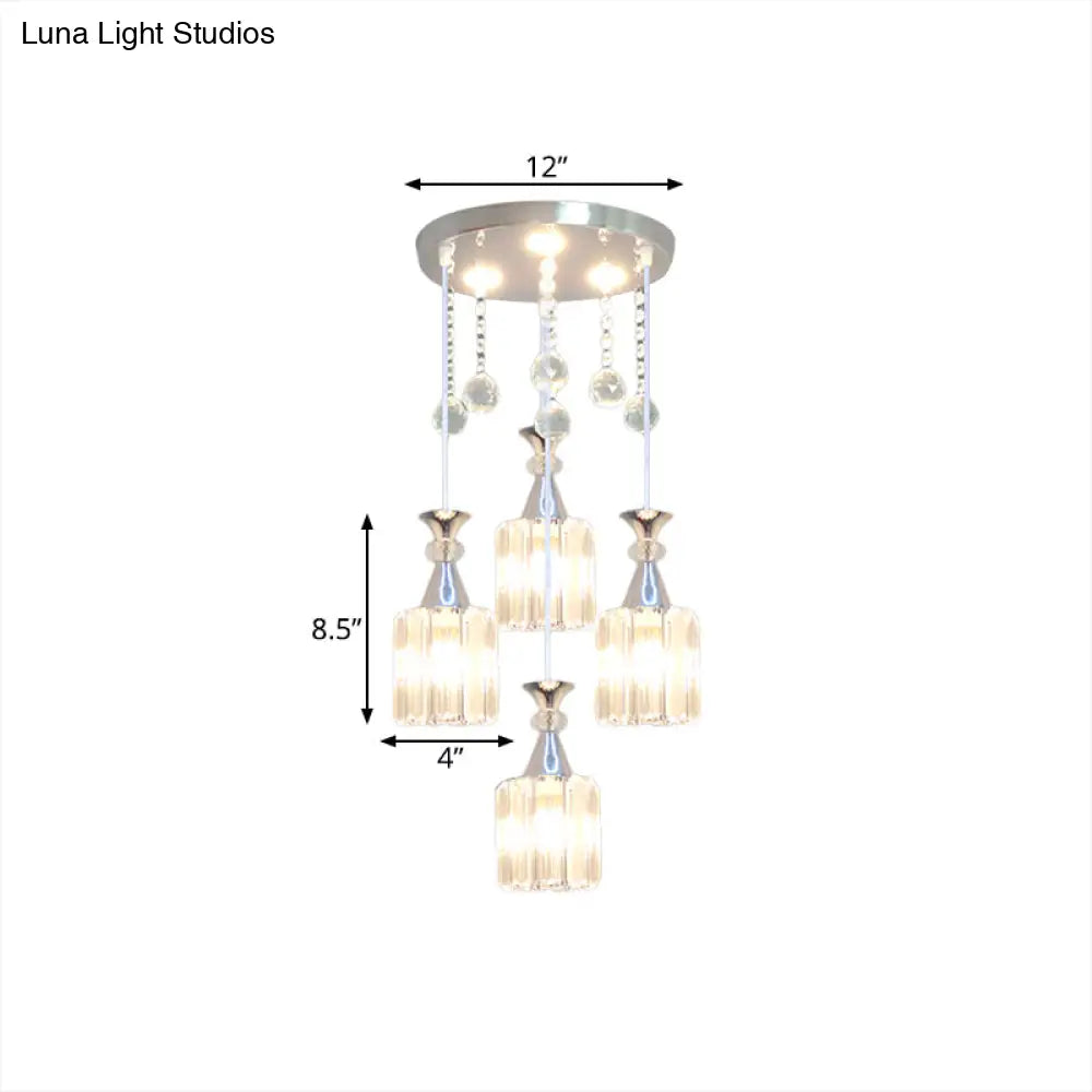 Modern 4-Head Crystal Cylinder Pendant Light With Silver Finish