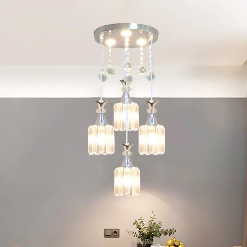 Modern 4-Head Crystal Cylinder Pendant Light With Silver Finish