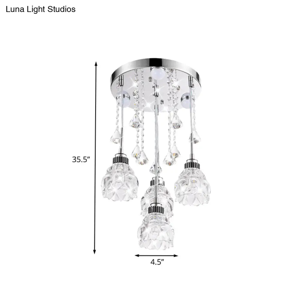 Stylish 4-Light Multi-Pendant With Crystal Shade - Chrome Finish Flower Ceiling Light Fixture