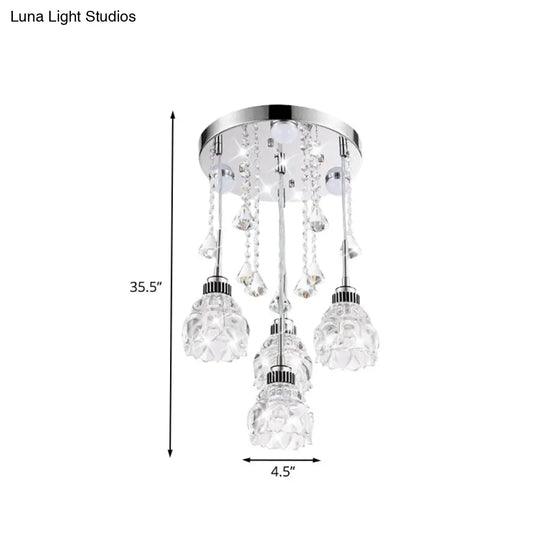 Stylish 4-Light Multi-Pendant With Crystal Shade - Chrome Finish Flower Ceiling Light Fixture