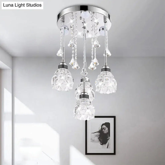 Stylish 4-Light Multi-Pendant With Crystal Shade - Chrome Finish Flower Ceiling Light Fixture