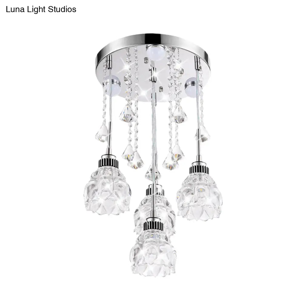 Modern 4-Head Crystal Shade Flower Ceiling Light Fixture - Chrome Finish Multi-Pendant