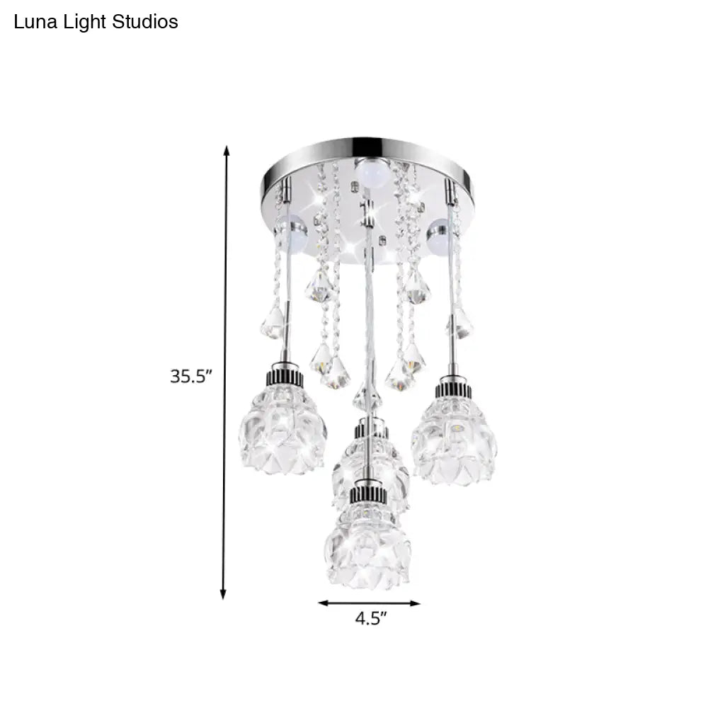 Modern 4-Head Crystal Shade Flower Ceiling Light Fixture - Chrome Finish Multi-Pendant