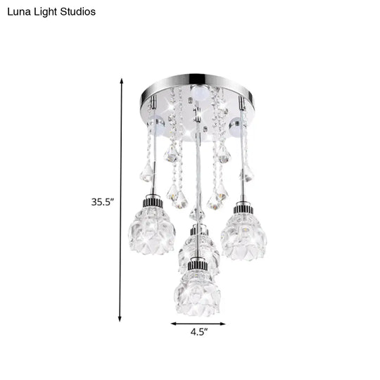 Modern 4-Head Crystal Shade Flower Ceiling Light Fixture - Chrome Finish Multi-Pendant