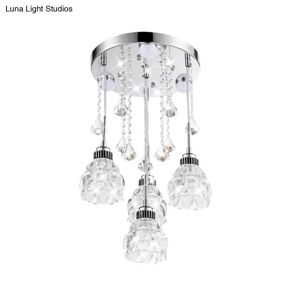 Stylish 4-Light Multi-Pendant With Crystal Shade - Chrome Finish Flower Ceiling Light Fixture