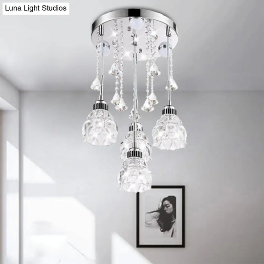 Modern 4-Head Crystal Shade Flower Ceiling Light Fixture - Chrome Finish Multi-Pendant