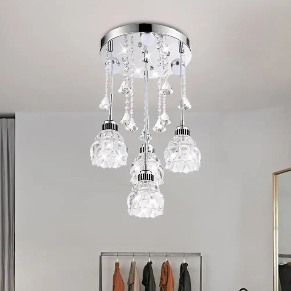 Modern 4-Head Crystal Shade Flower Ceiling Light Fixture - Chrome Finish Multi-Pendant Silver