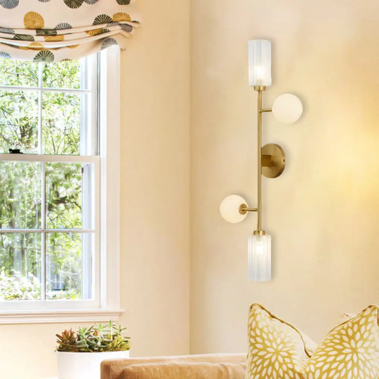 Modern 4-Light Gold Metal Pencil Arm Wall Lamp With Glass Shades