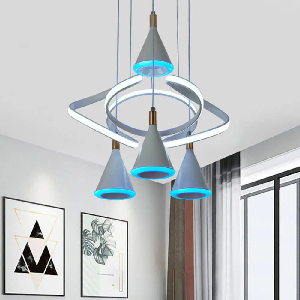 Modern 4-Light Grey Led Cone Acrylic Pendant Lamp With Strip Beam