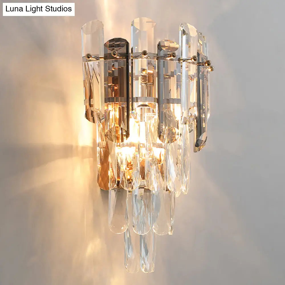 Modern 4-Tiered Crystal Wall Sconce With Beveled And 2-Bulb Light Fixture For Restaurants