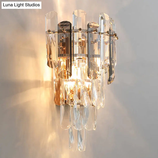 Modern 4-Tiered Crystal Wall Sconce With Beveled And 2-Bulb Light Fixture For Restaurants