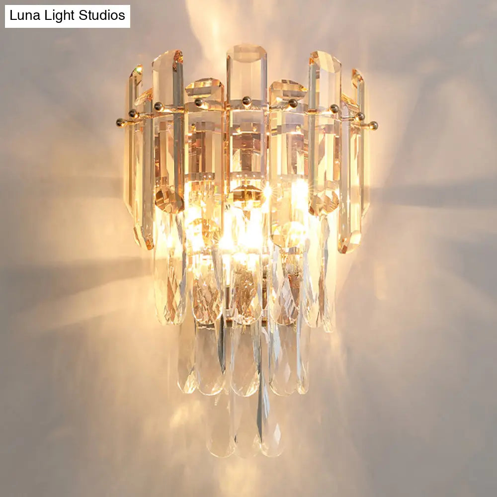 Modern 4-Tiered Crystal Wall Sconce With Beveled And 2-Bulb Light Fixture For Restaurants