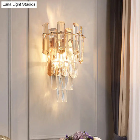 Modern 4-Tiered Crystal Wall Sconce With Beveled And 2-Bulb Light Fixture For Restaurants