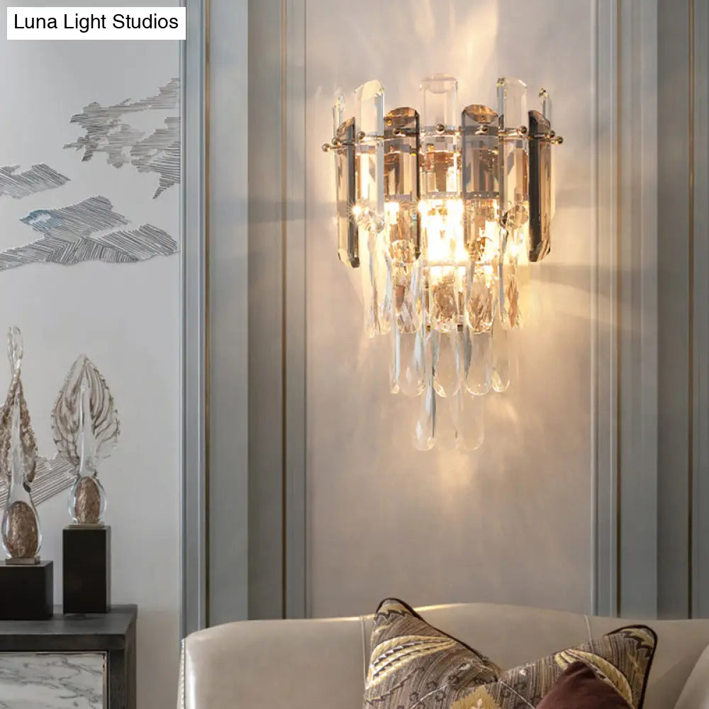 Modern 4-Tiered Crystal Wall Sconce With Beveled And 2-Bulb Light Fixture For Restaurants