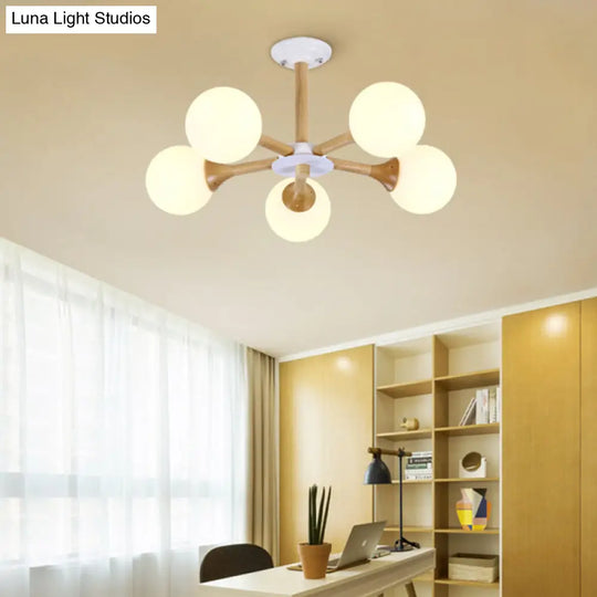 Modern 5-Bulb Wood Pendant Chandelier For Kids Bedroom White Glass Orb Shade