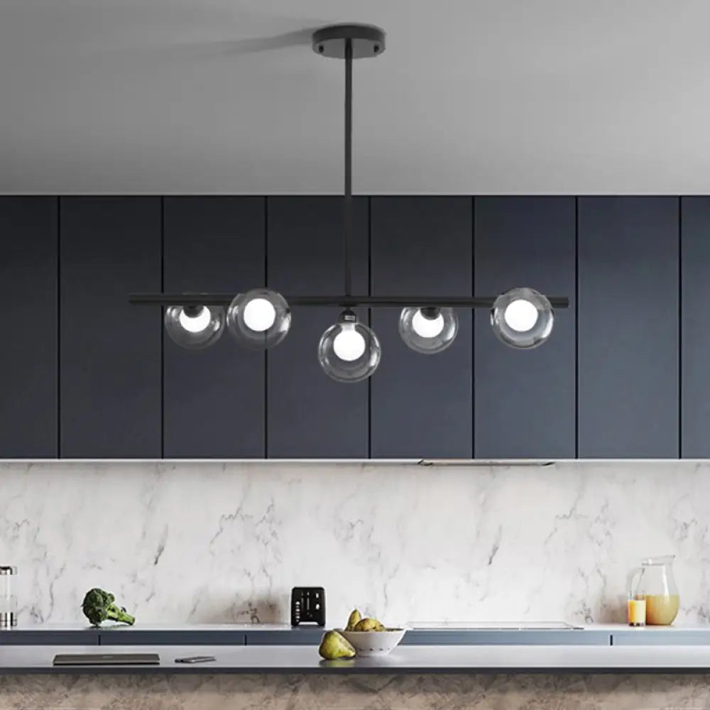 Modern 5-Head Black Island Led Pendant Light With Clear Glass Shade