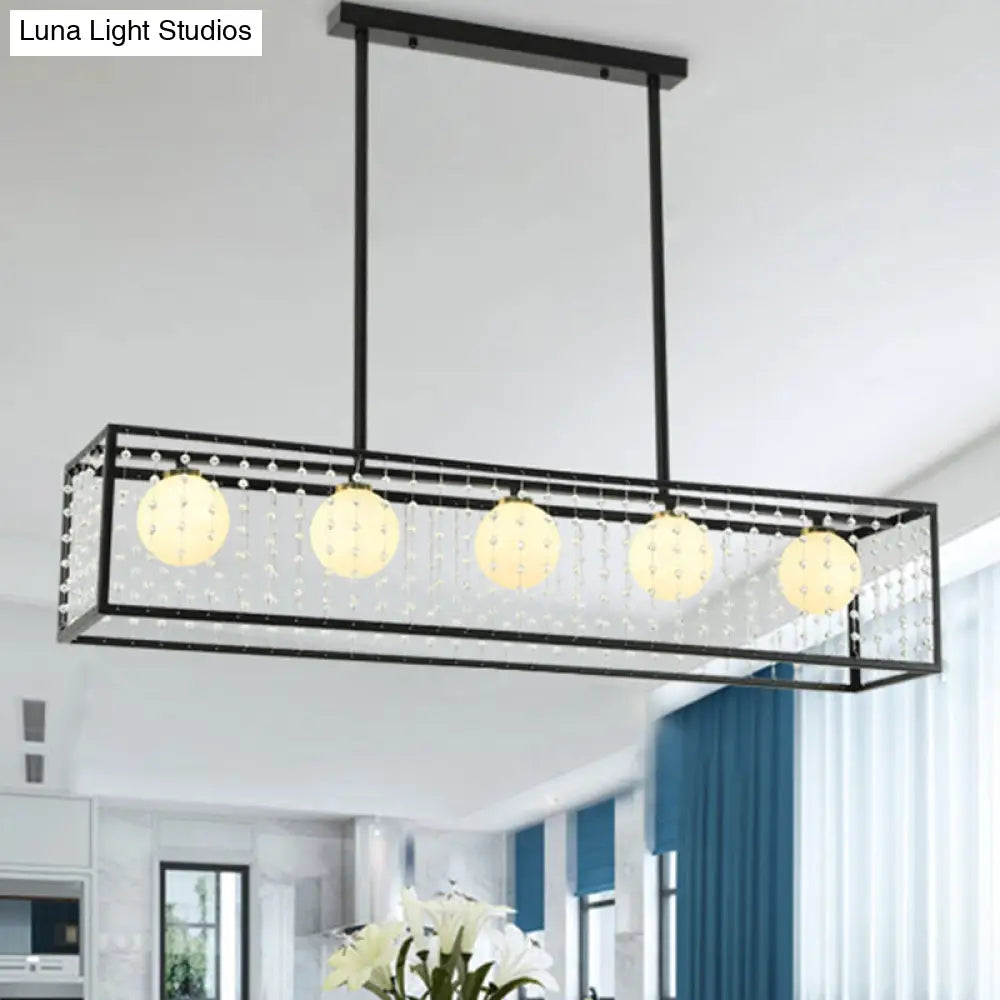 Modern 5-Head Black Island Light With White Glass And Crystal Shade