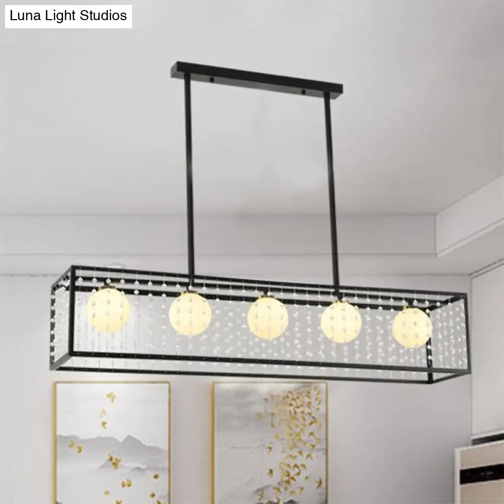 Modern 5-Head Black Island Light With White Glass And Crystal Shade