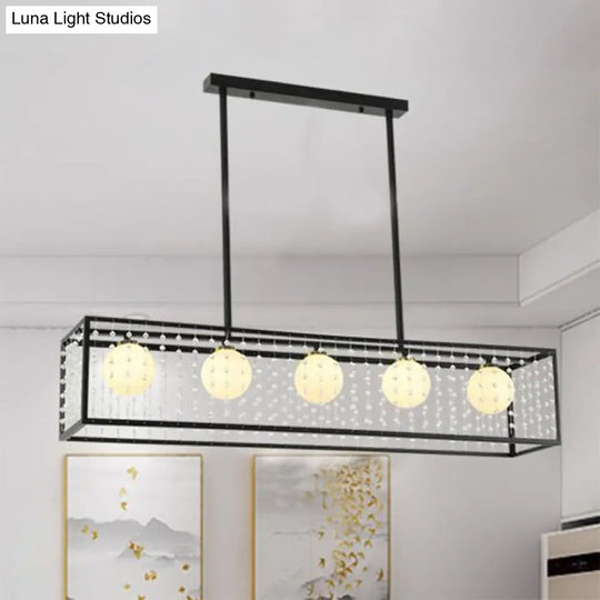 Modern 5-Head Black Island Light With White Glass And Crystal Shade