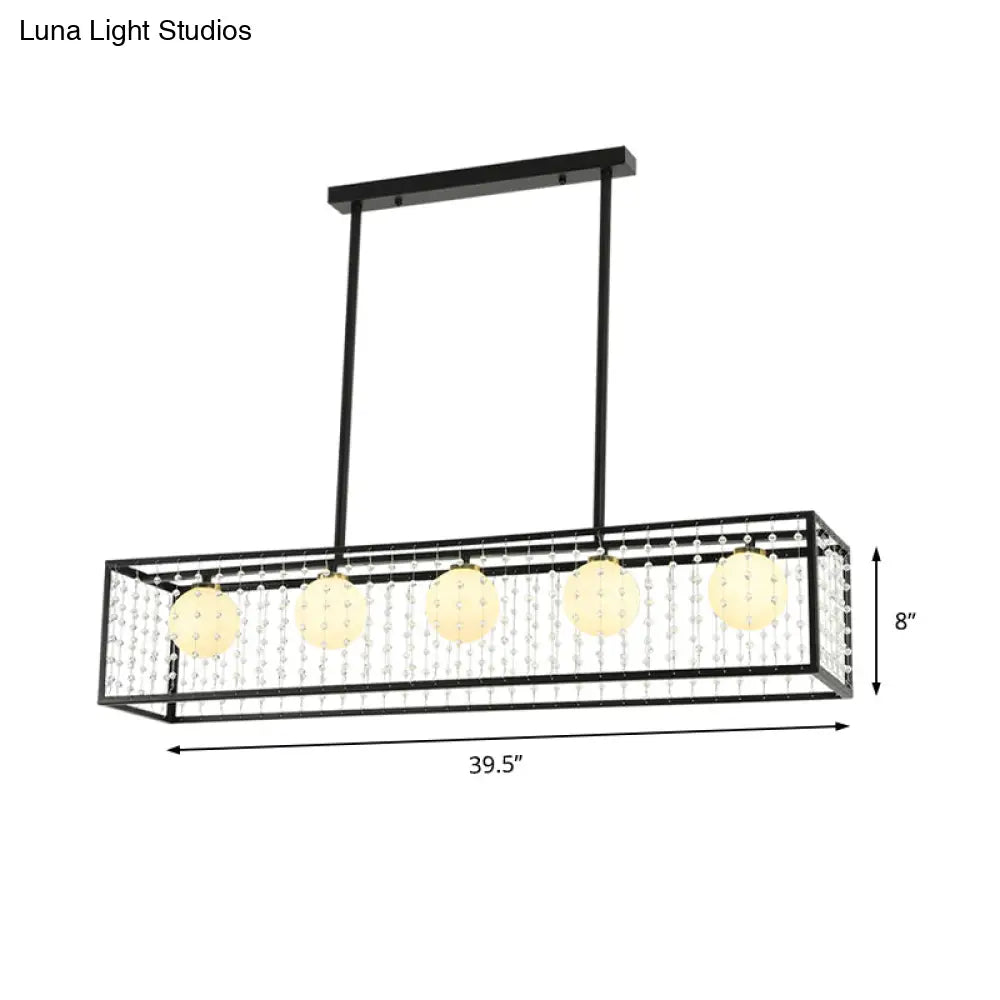 Modern 5-Head Black Island Light With White Glass And Crystal Shade