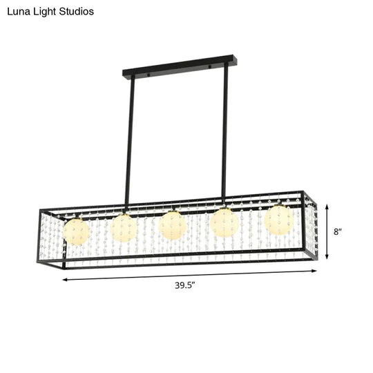 Modern 5-Head Black Island Light With White Glass And Crystal Shade