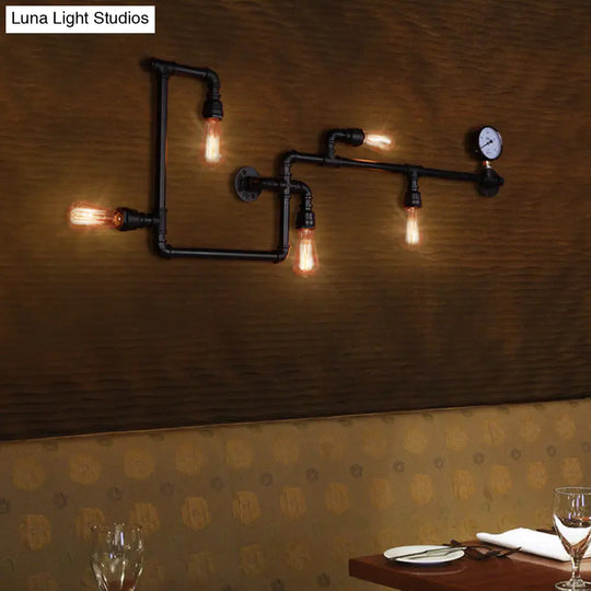 Modern 5-Head Wall Light Fixture: Maze Metallic Sconce In Black/Rust With Open Bulb & Gauge Deco