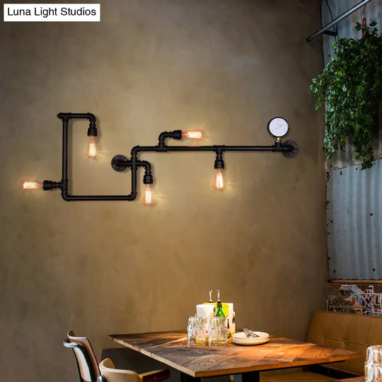 Modern 5-Head Wall Light Fixture: Maze Metallic Sconce In Black/Rust With Open Bulb & Gauge Deco