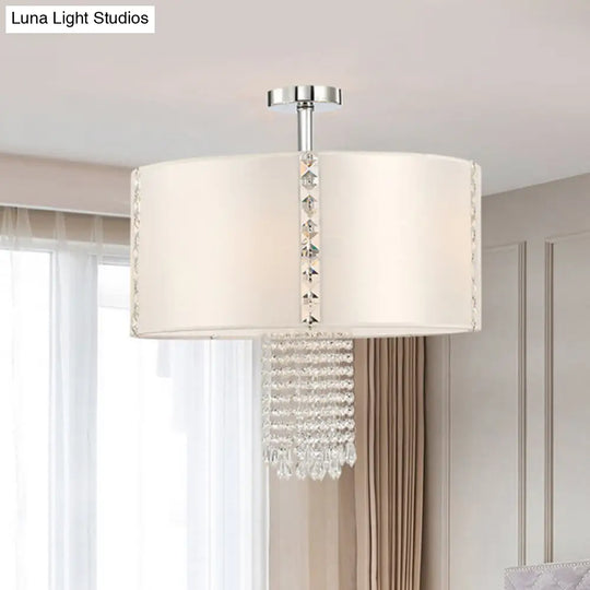 Modern 5-Light Chandelier: White Round Drop Pendant With Fabric Shade And Crystal Beads