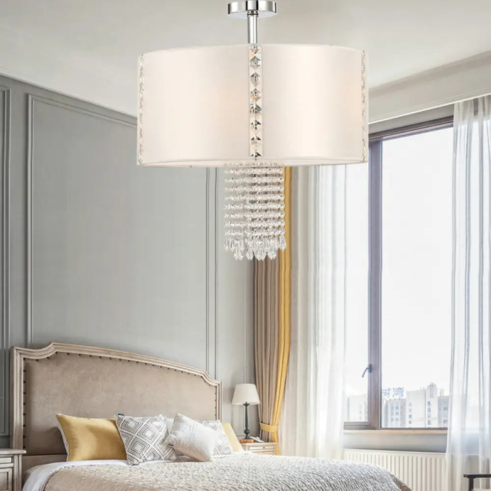 Modern 5-Light Chandelier With White Fabric Shade & Crystal Accents