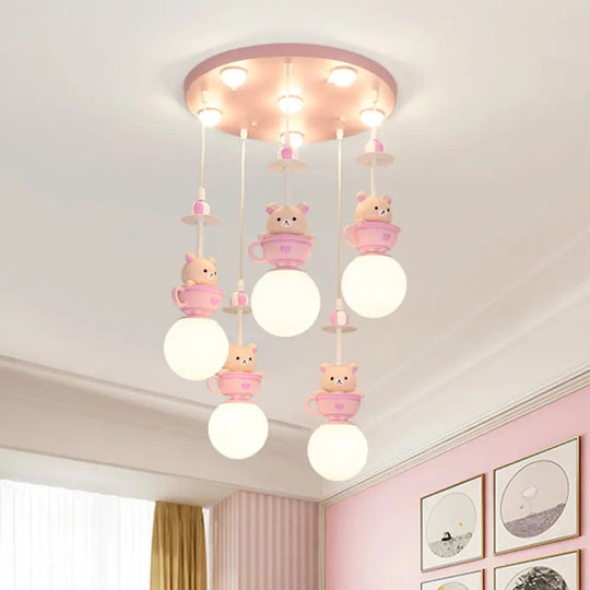 Modern 5-Light Pink Nursery Lamp With Cream Glass Shades Warm/White Lighting / White