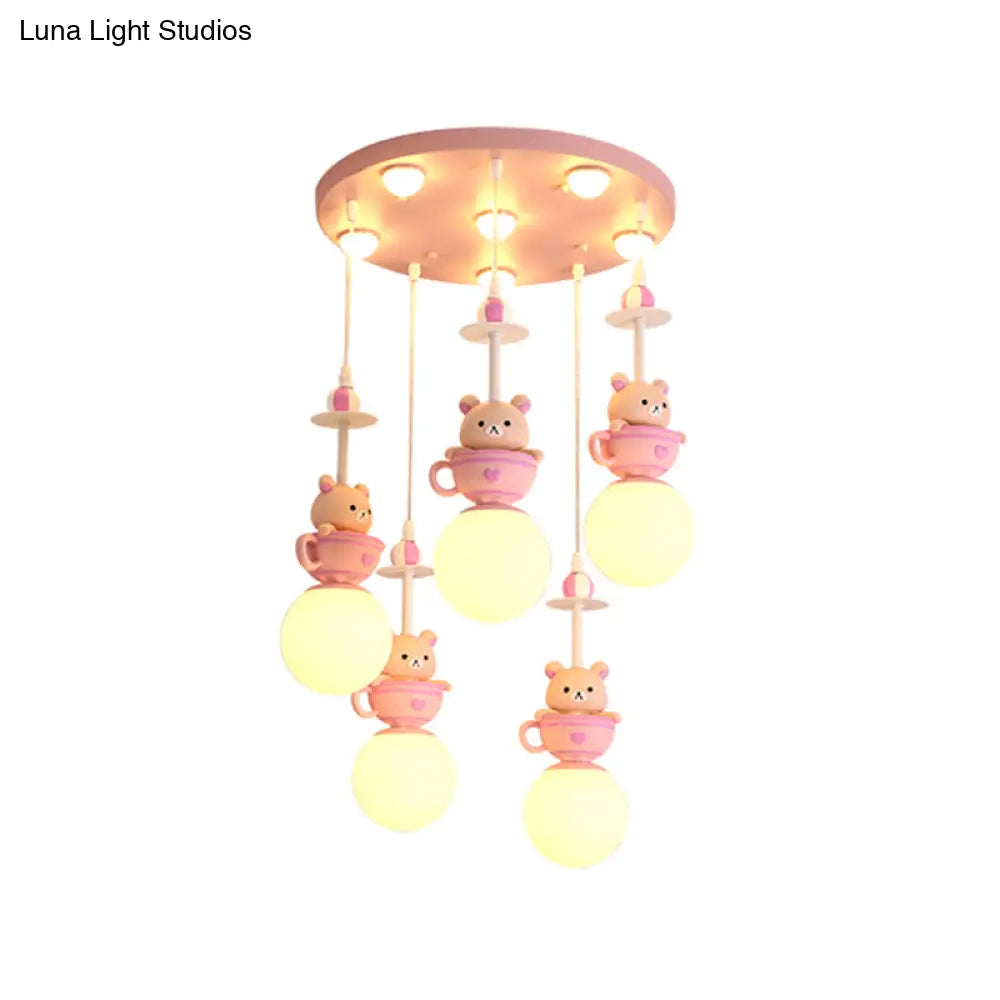 Modern 5-Light Pink Nursery Lamp With Cream Glass Shades Warm/White Lighting